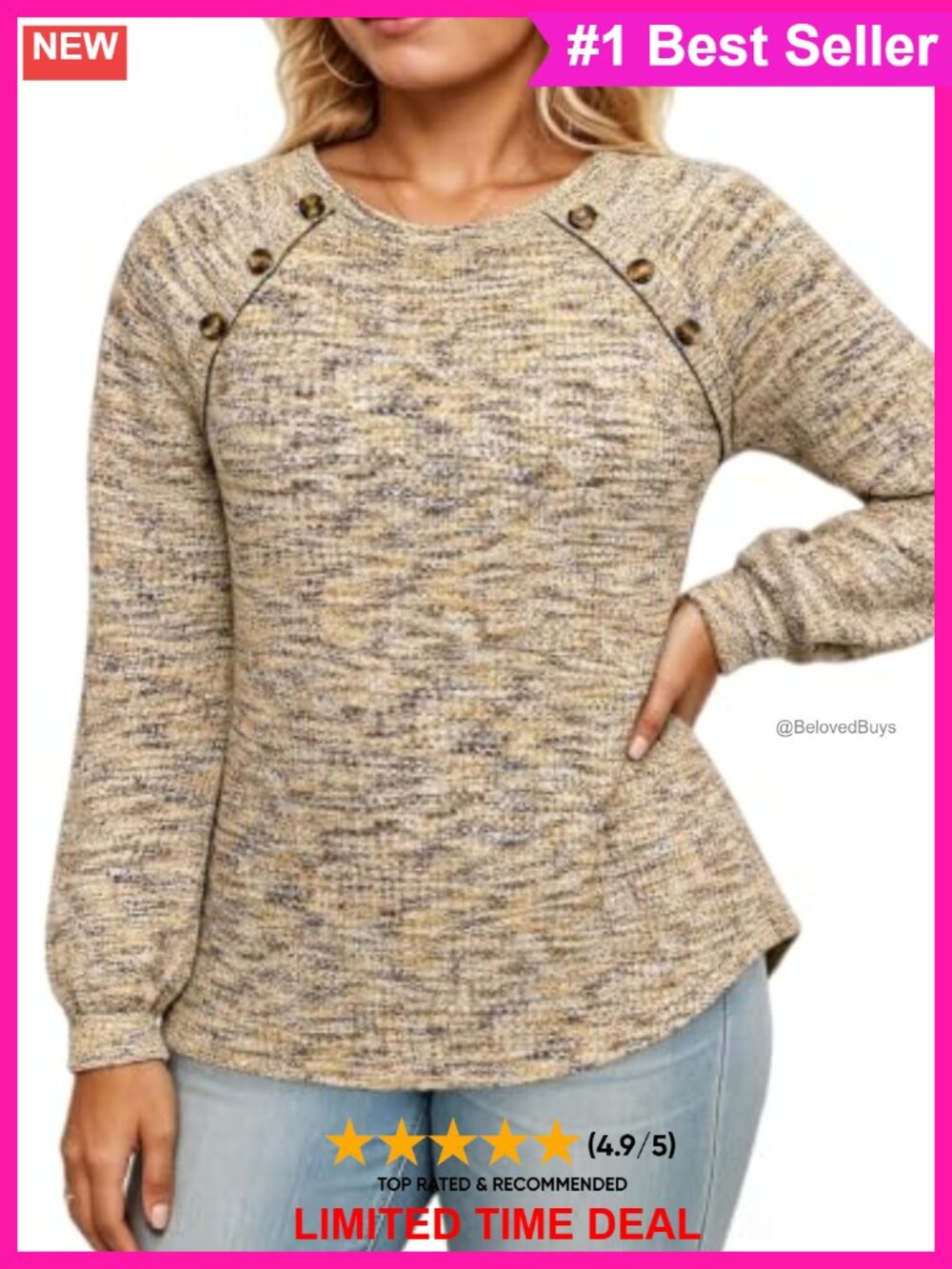 Waffle Knit Long Sleeve Button Pullover Sweater